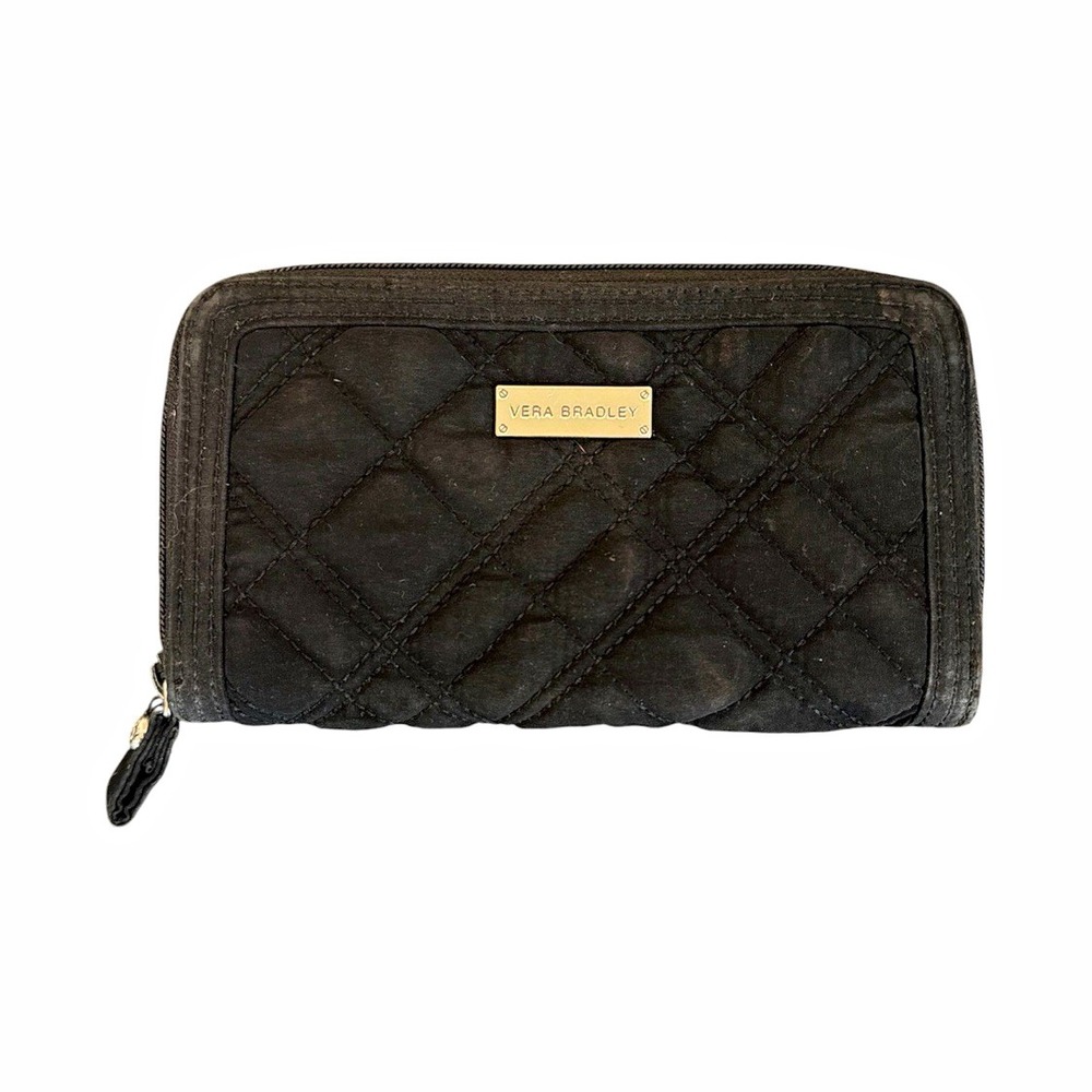Vera Bradley Black Quilted Zip Around Large Wallet Classic Minimalist Logo